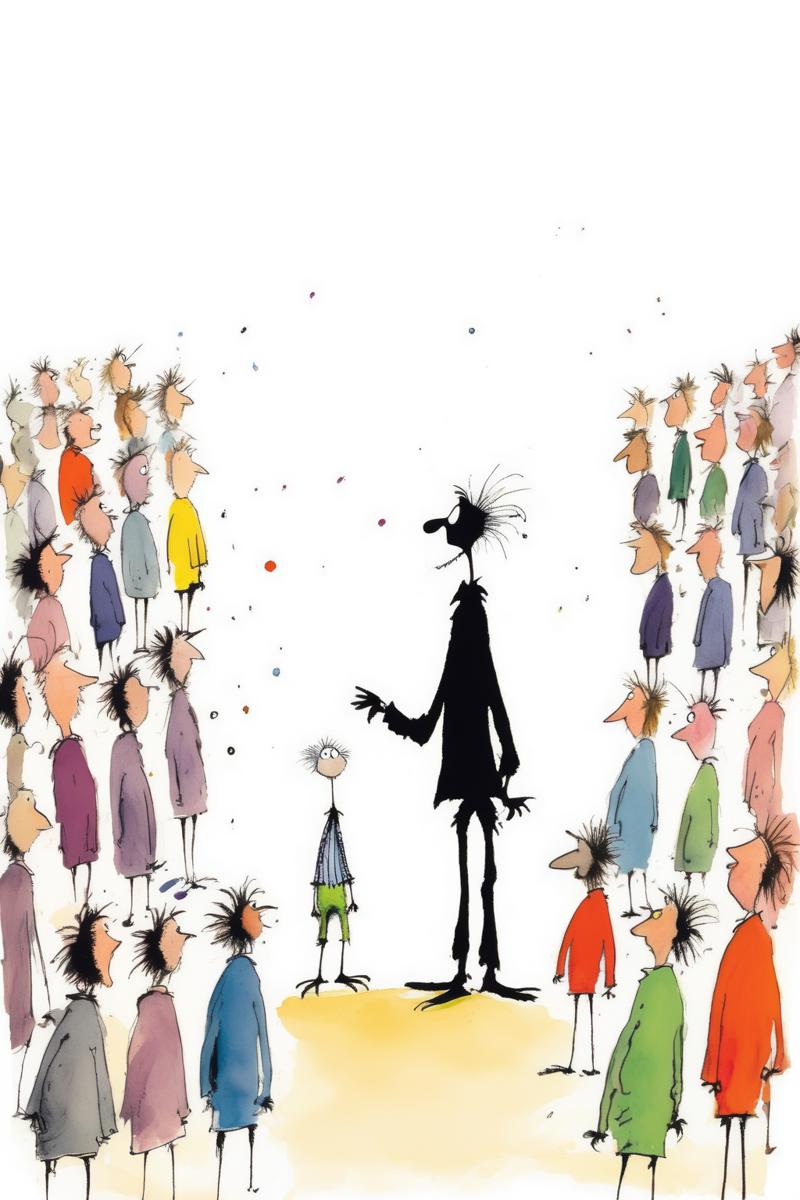 00112-2696709646-_lora_Quentin Blake Style_1_Quentin Blake Style - Quentin Blake illustration of a talking person standing out from the crowd.png